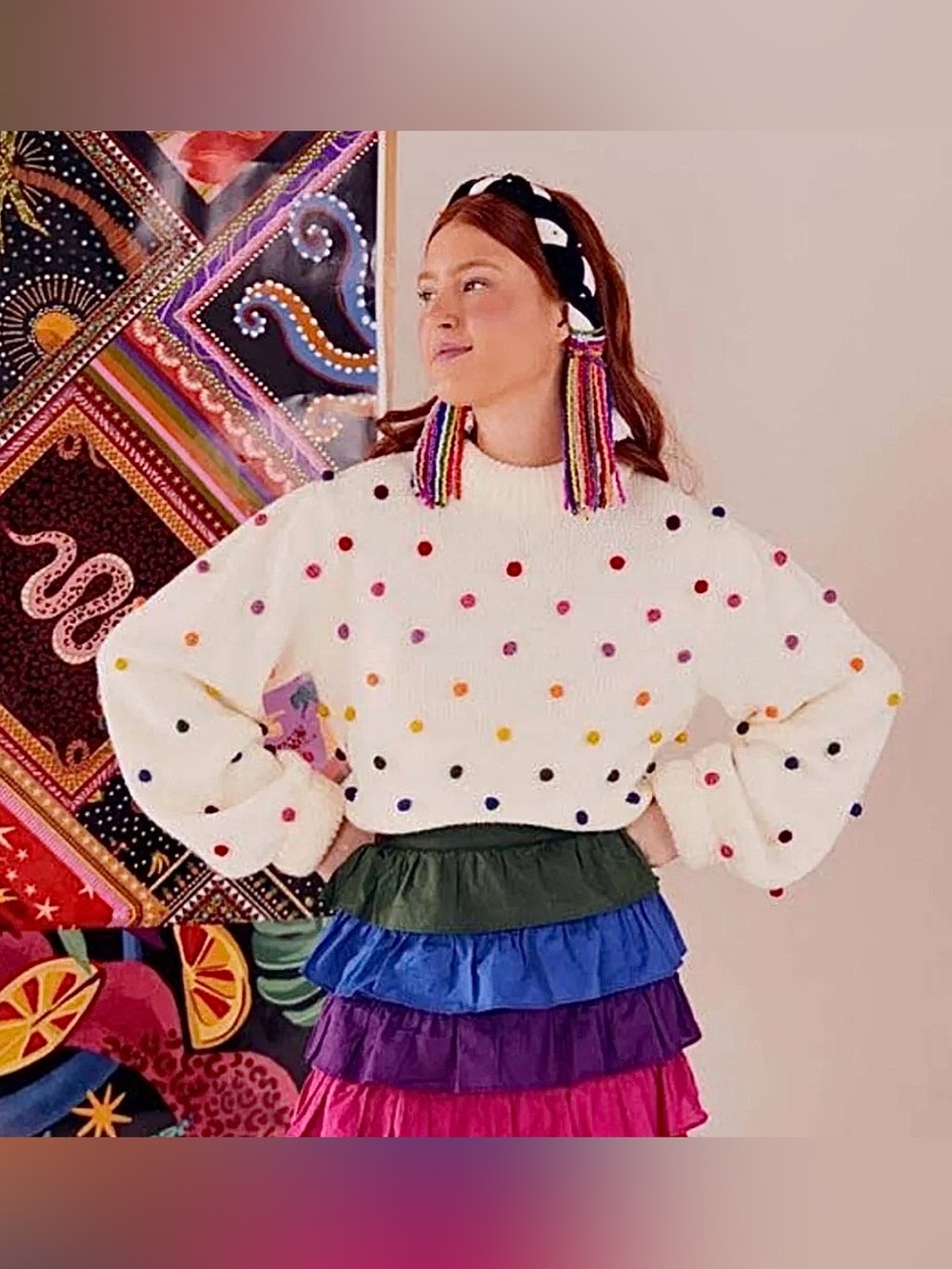 FARM Rio Rainbow Pom Pom Sweater Ivory Multicolor Cropped Puff Sleeve